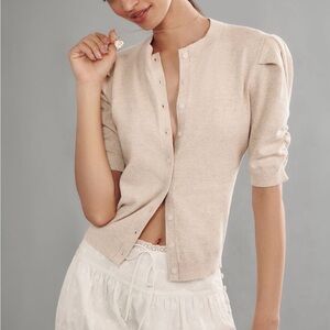 Anthropologie Cotton Cashmere Puff-Sleeve Crew-Neck Cardigan Sweater